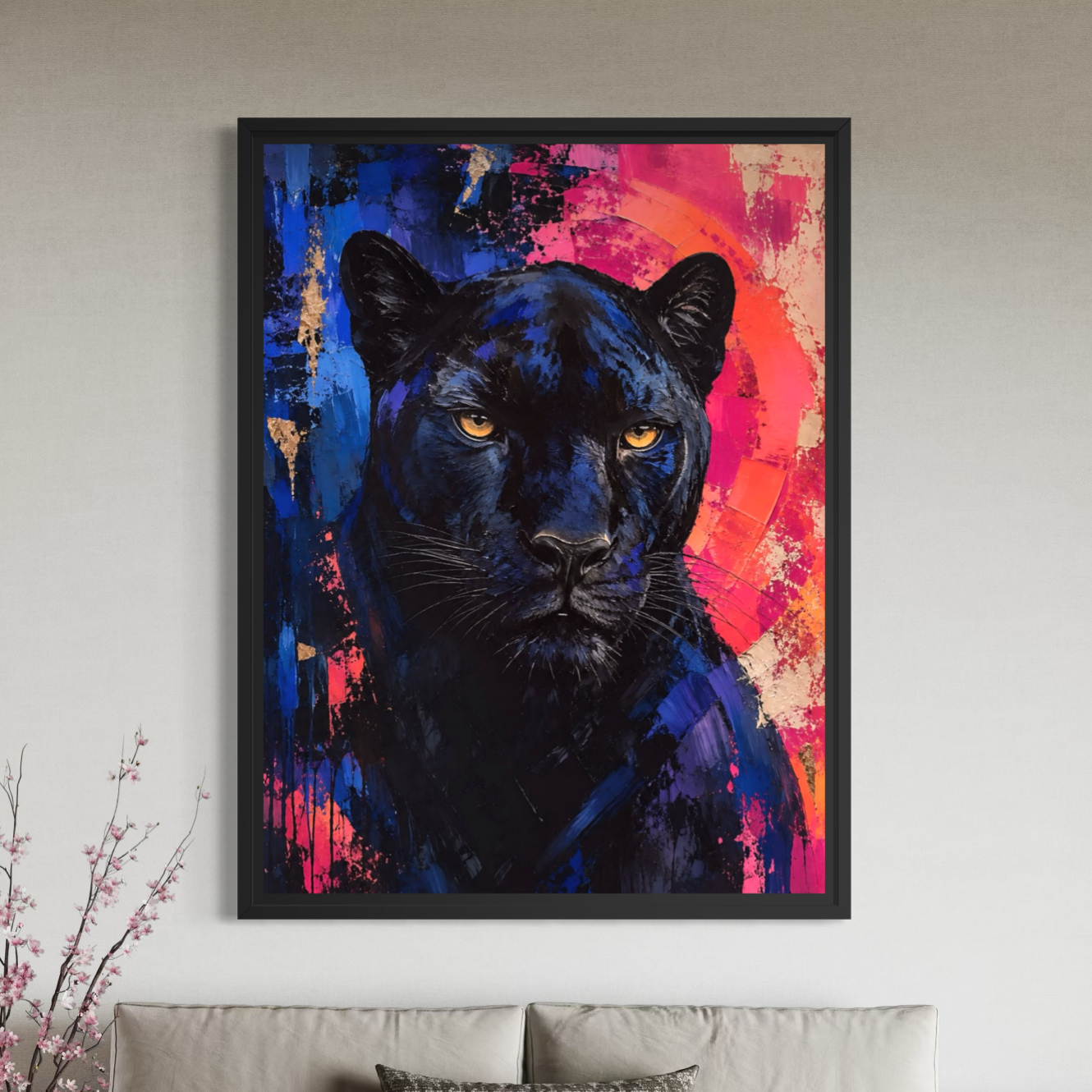 Félin Royal, tableau contemporain représentant une panthère noire sur fond bleu, rose et doré