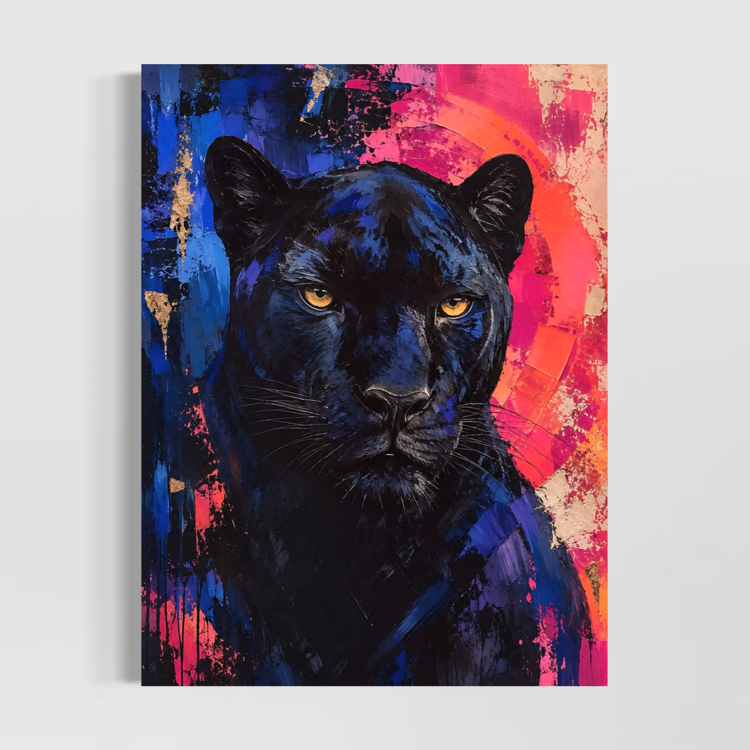 Vue complète du tableau Félin Royal représentant une panthère noire sur fond coloré