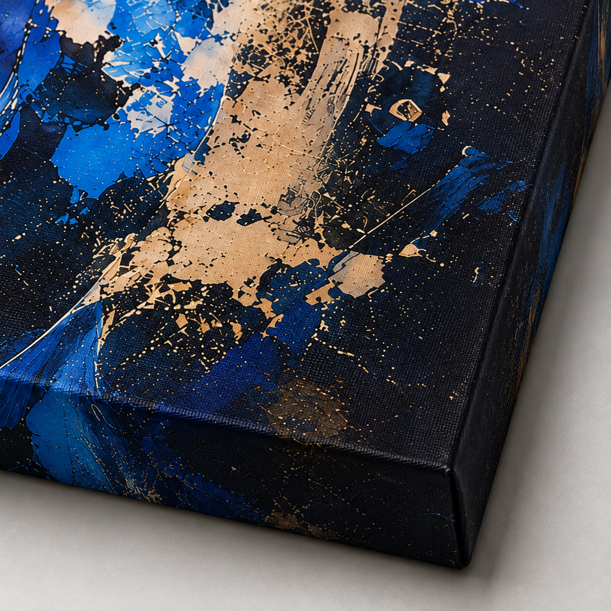 Tableau Poissons Koi – Harmonie Koi Détail de la texture du tableau Harmonie Koi avec peinture bleue, noire et dorée