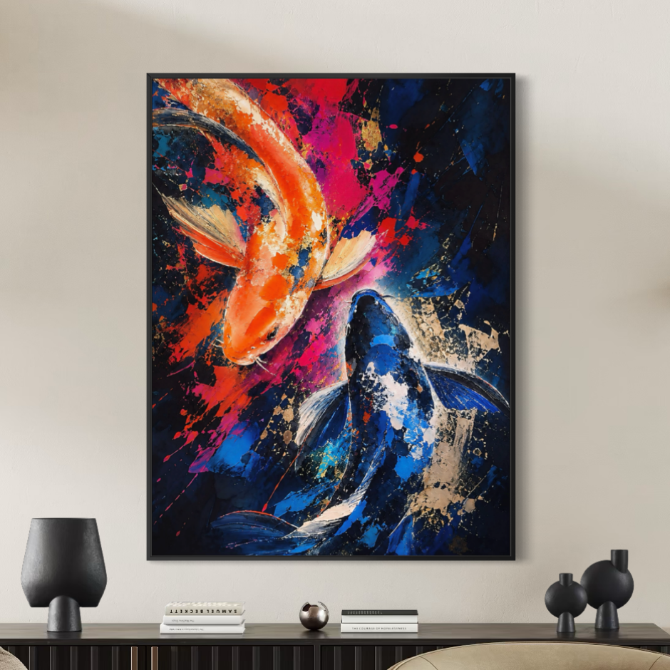 Tableau Poissons Koi – Harmonie Koi Tableau Harmonie Koi avec poissons koi orange et bleu dans un salon contemporain