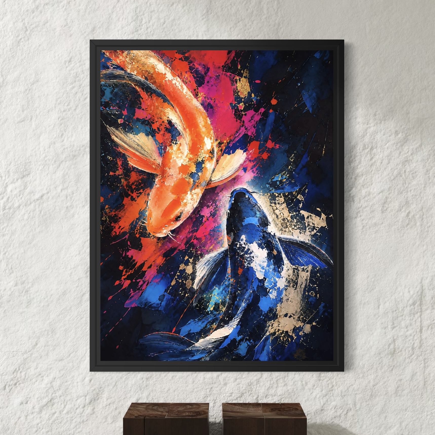 Tableau Poissons Koi – Harmonie Koi Tableau Harmonie Koi représentant deux poissons koi avec cadre noir contemporain