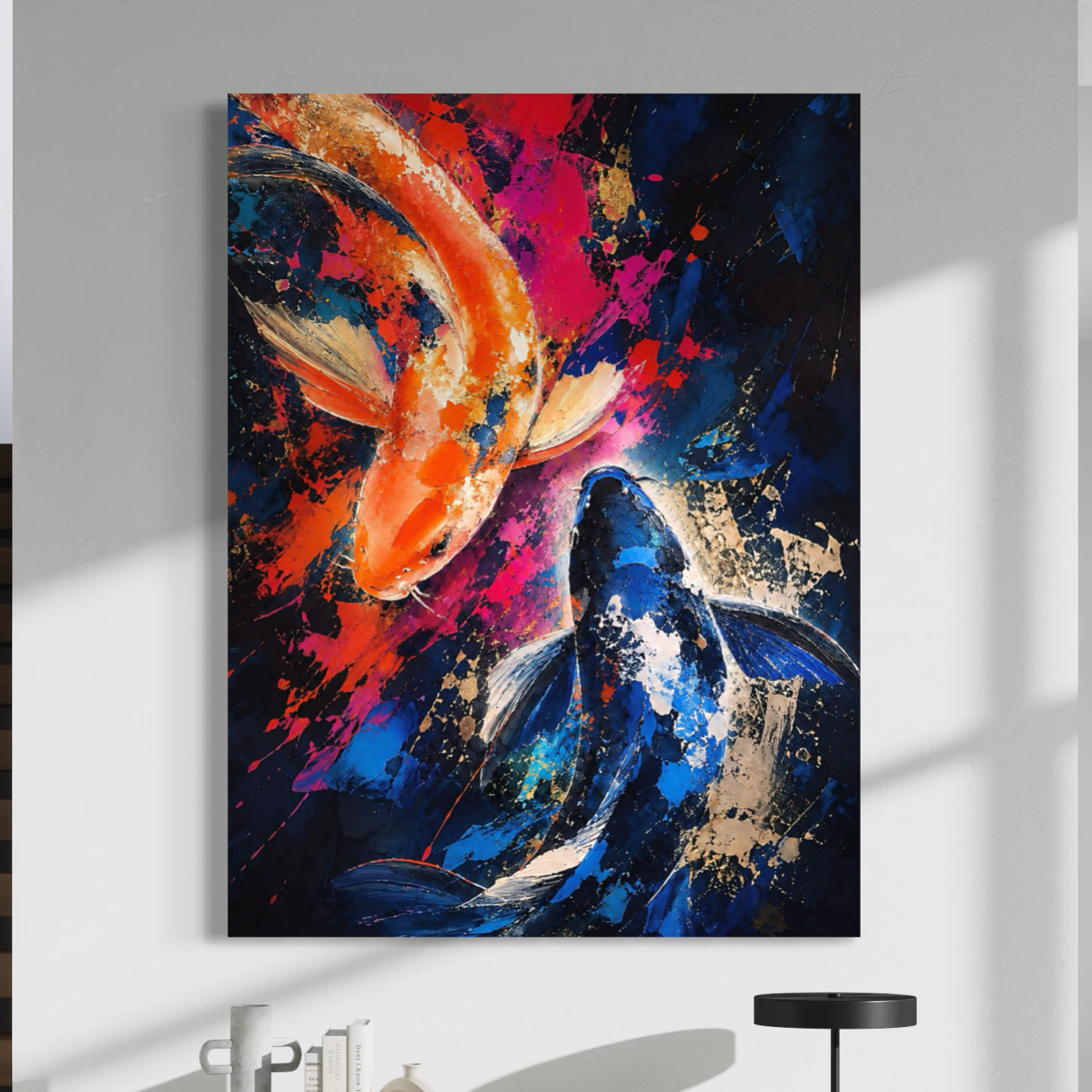 Tableau Poissons Koi – Harmonie Koi Tableau poissons koi Harmonie Koi exposé dans un intérieur moderne et lumineux