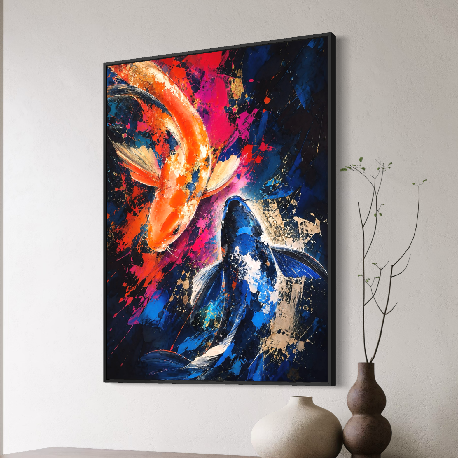 Tableau Poissons Koi – Harmonie Koi Vue en perspective du tableau poissons koi Harmonie Koi dans un intérieur contemporain