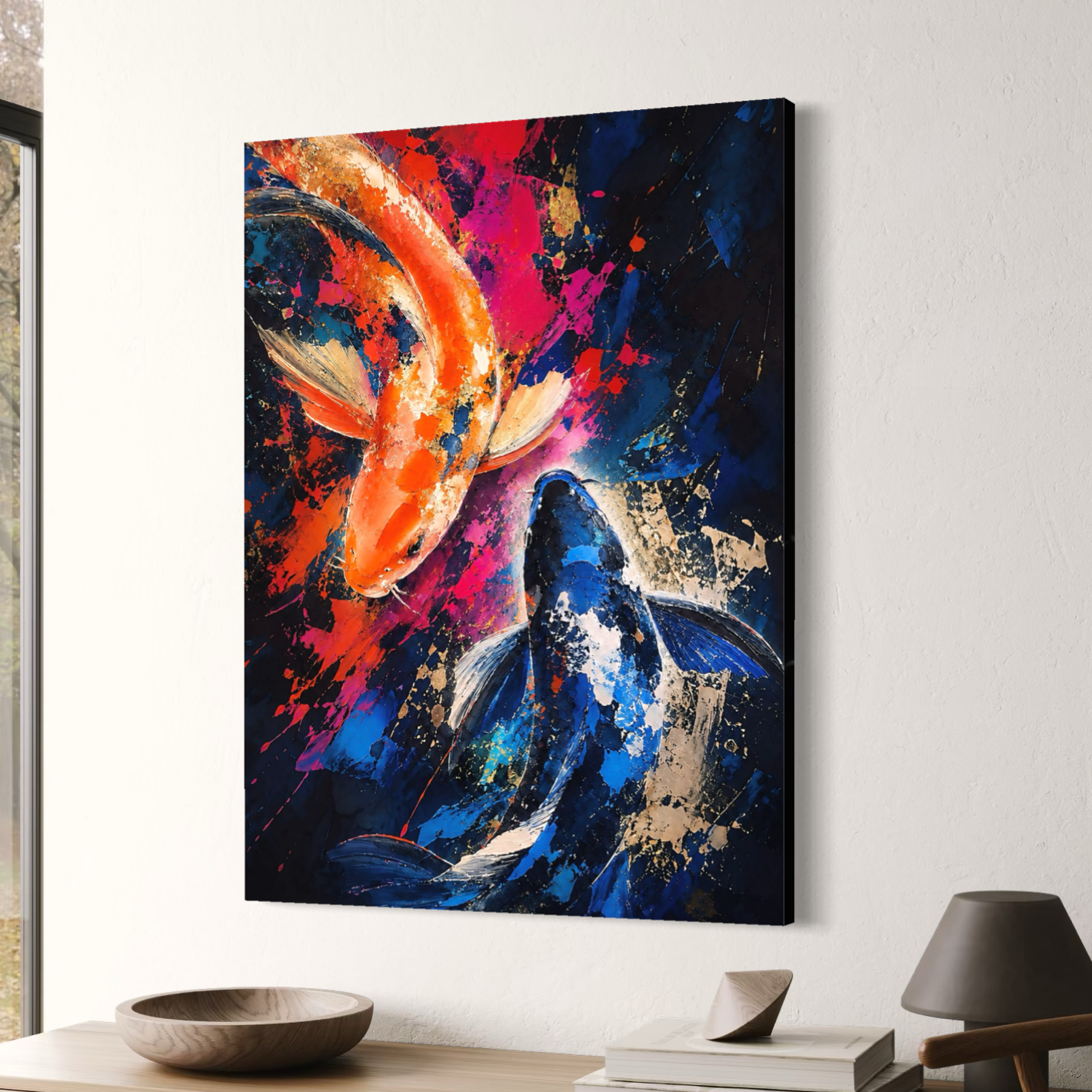 Tableau Poissons Koi – Harmonie Koi Vue latérale du tableau Harmonie Koi montrant l’épaisseur et la finition de la toile
