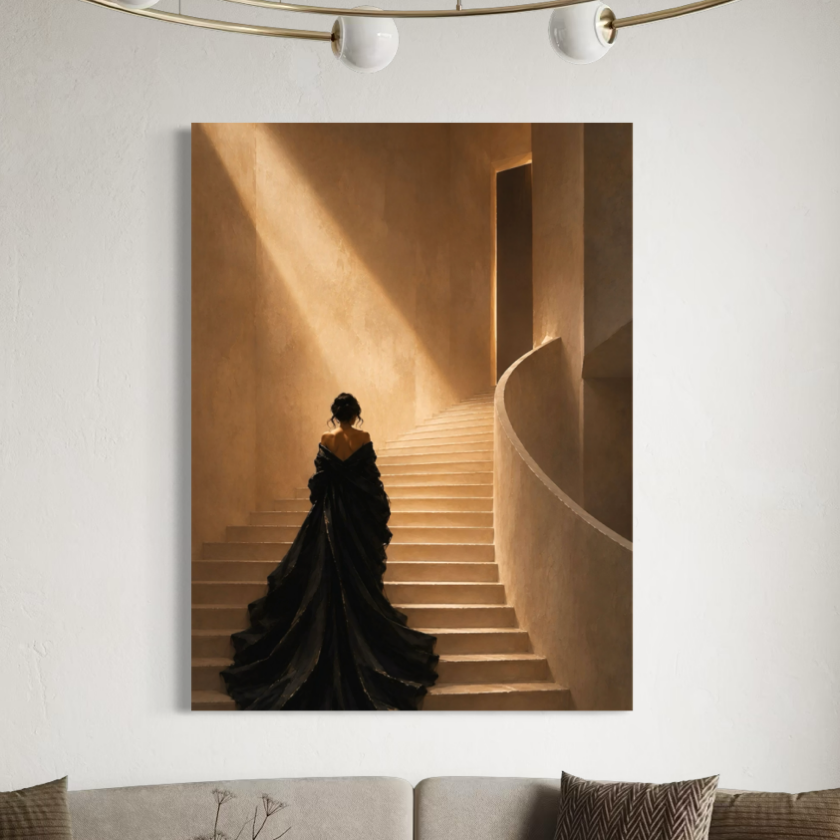 Tableau Femme Élégante – Haute Marche Toile Haute Marche avec femme en robe noire et escalier doré exposée dans un salon