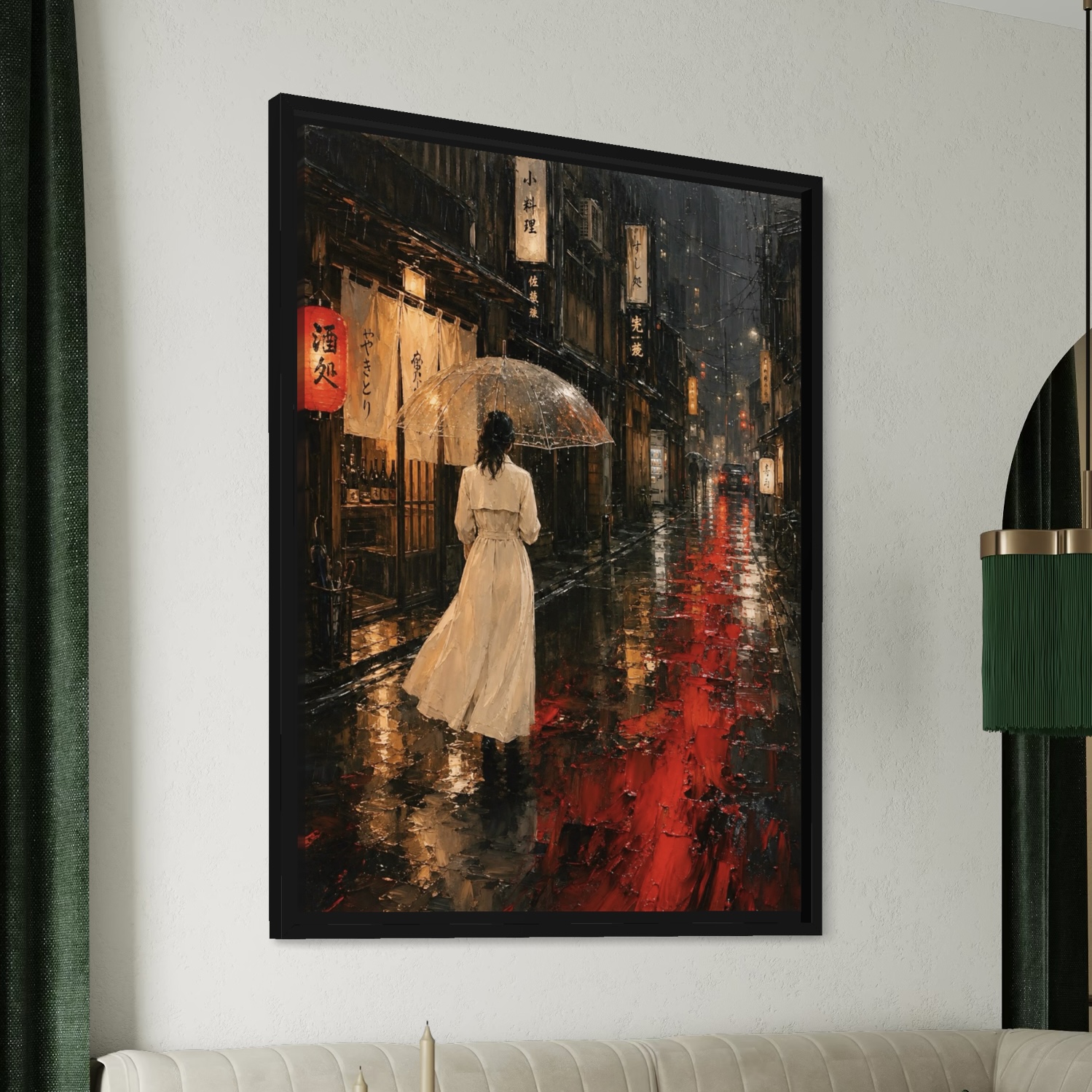 Kyoto Night – tableau Japon femme sous la pluie Vue en perspective du tableau japonais Kyoto Night avec cadre noir