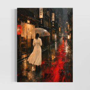 Tableau À Contre-Cœur Tableau japonais Kyoto Night représentant une femme sous un parapluie dans une rue de Kyoto sous la pluie