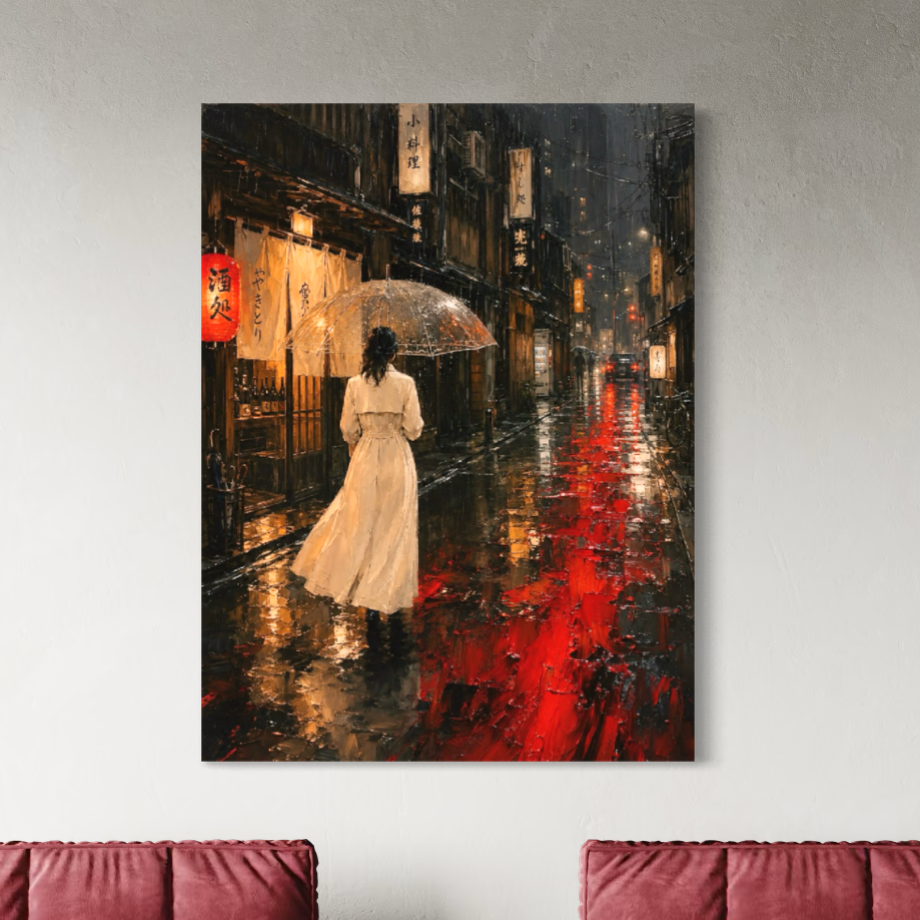 Kyoto Night – tableau Japon femme sous la pluie Tableau japonais Kyoto Night présenté dans un salon contemporain