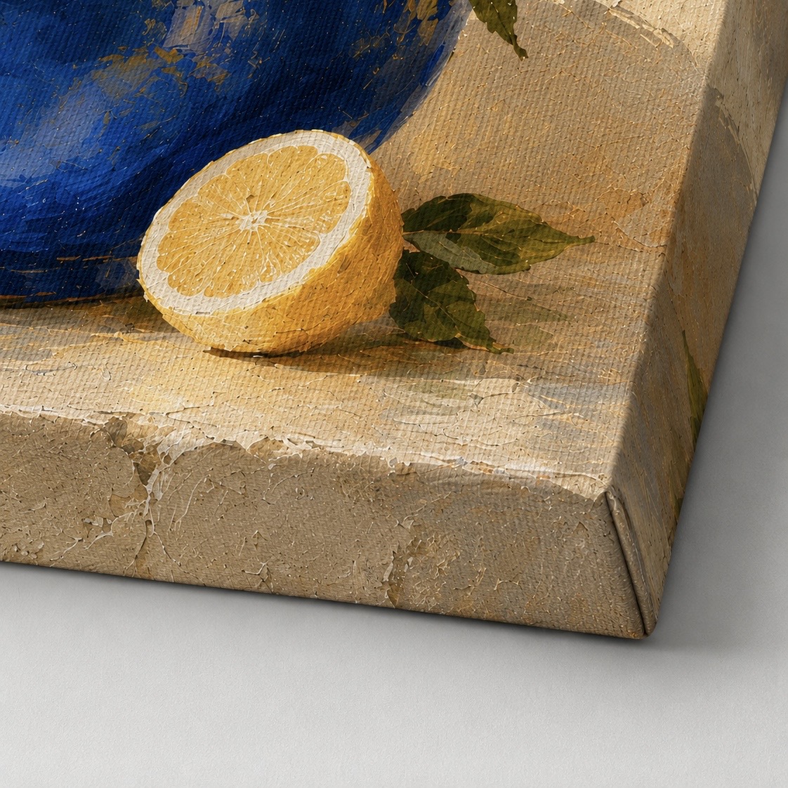 Lemon Blue – tableau méditerranéen aux citrons jaunes Détail du tableau Lemon Blue montrant un citron coupé, le bol bleu cobalt et la texture de la toile