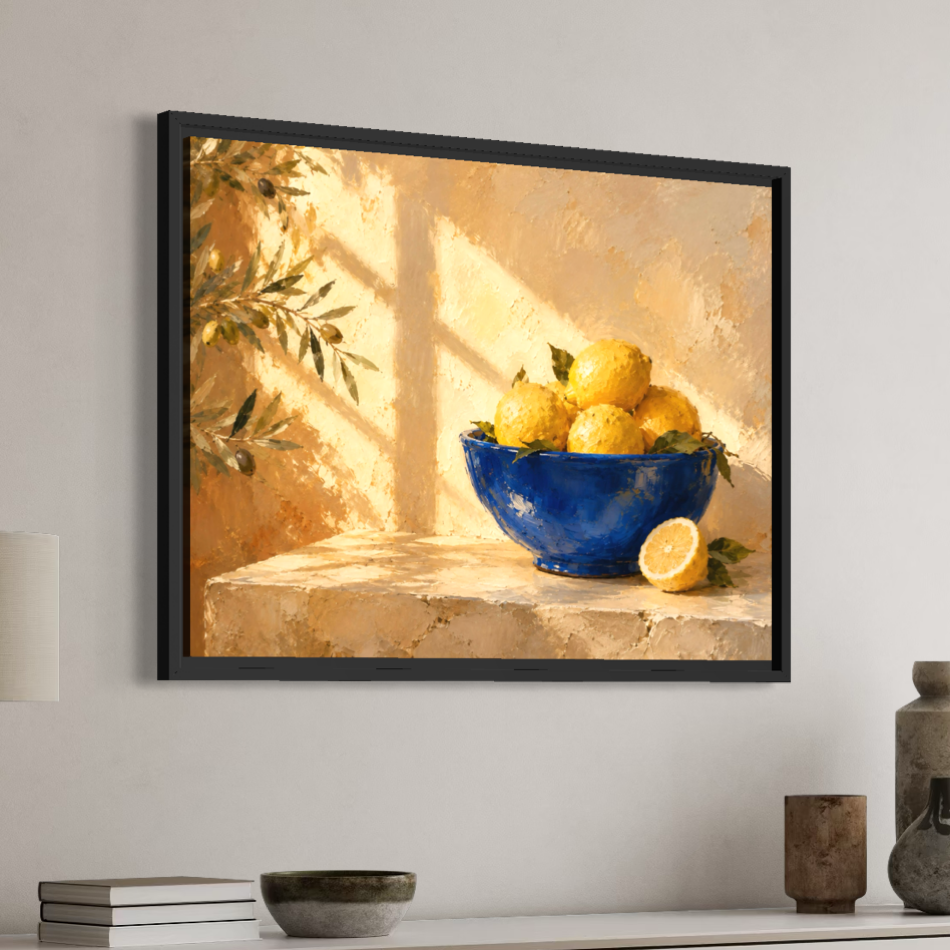 Lemon Blue – tableau méditerranéen aux citrons jaunes Vue en perspective du tableau Lemon Blue encadré en noir avec citrons jaunes et bol bleu cobalt