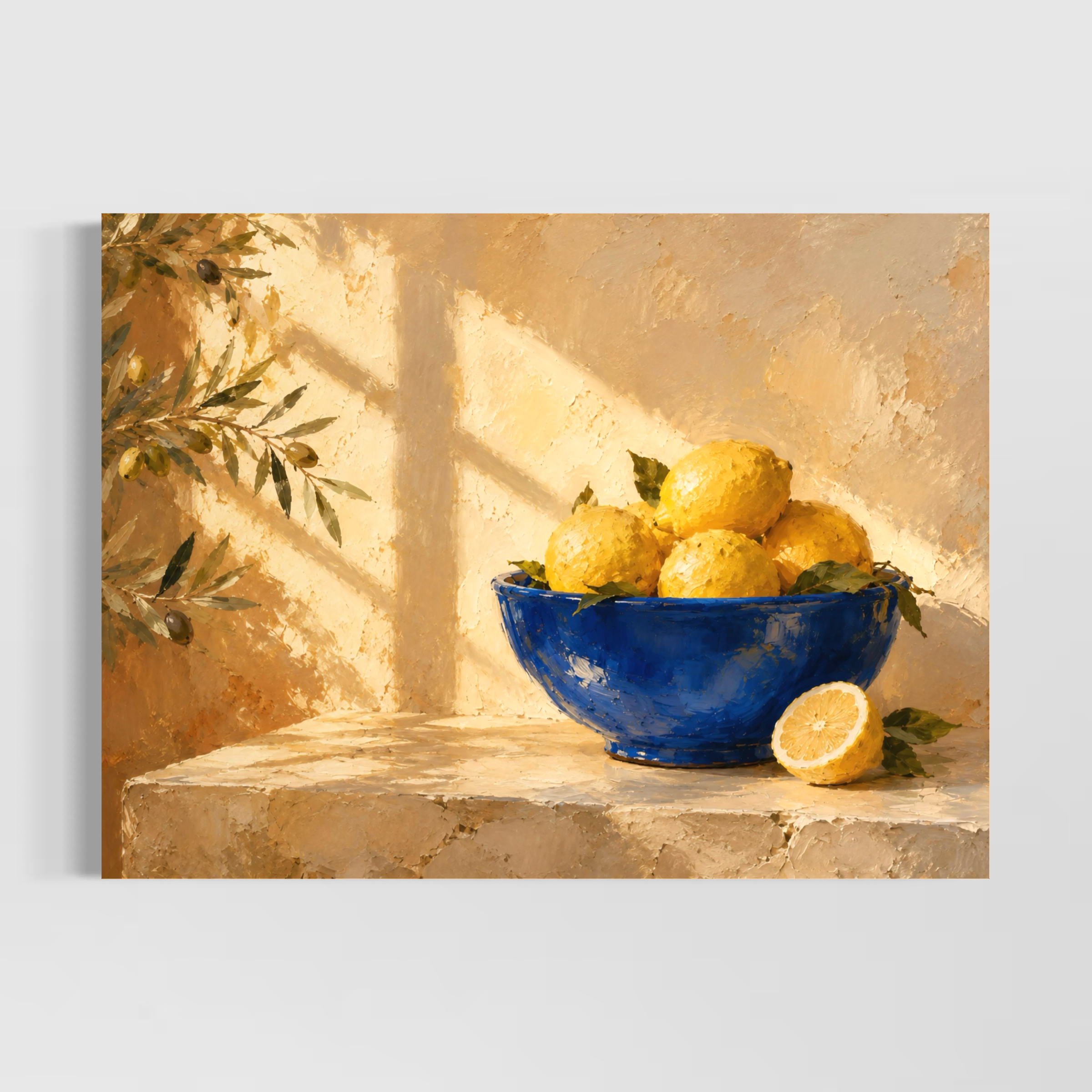 Lemon Blue – tableau méditerranéen aux citrons jaunes Tableau Lemon Blue représentant des citrons jaunes dans un bol bleu cobalt sous une lumière méditerranéenne