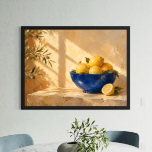 Tableau Lemon Blue encadré dans une salle à manger contemporaine avec citrons jaunes et bol bleu