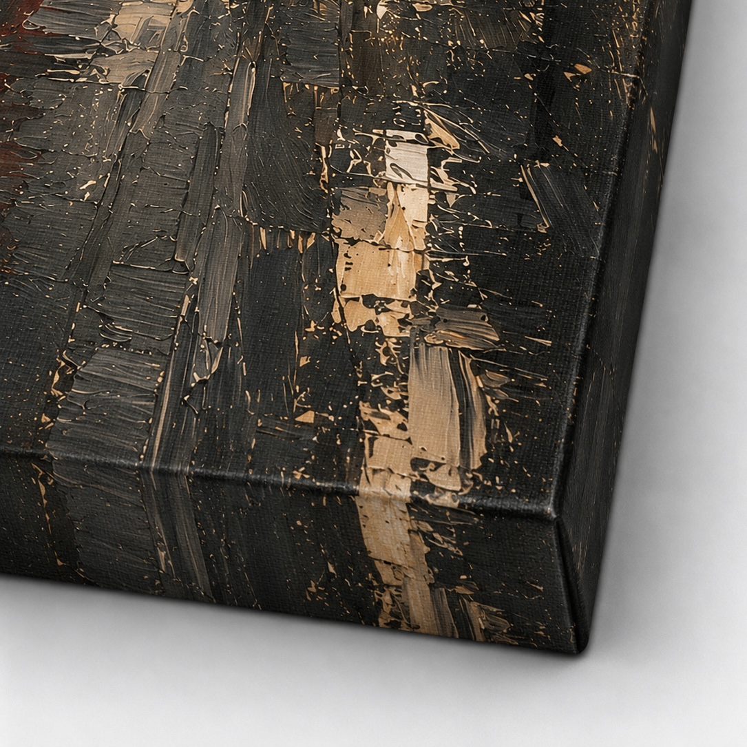 Minuit Manhattan – tableau New York avec voiture noire sous la pluie Détail du tableau Minuit Manhattan montrant la texture de la toile noire et les nuances dorées
