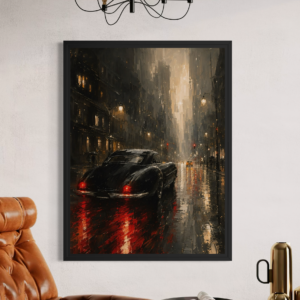 Tableau Cocktail Riviera Tableau Minuit Manhattan encadré en noir dans un salon contemporain avec voiture noire sous la pluie