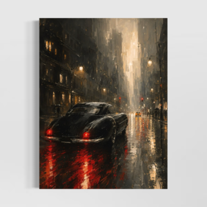 Tableau Cocktail Riviera Tableau Minuit Manhattan représentant une voiture noire dans une rue de New York sous la pluie avec reflets rouges