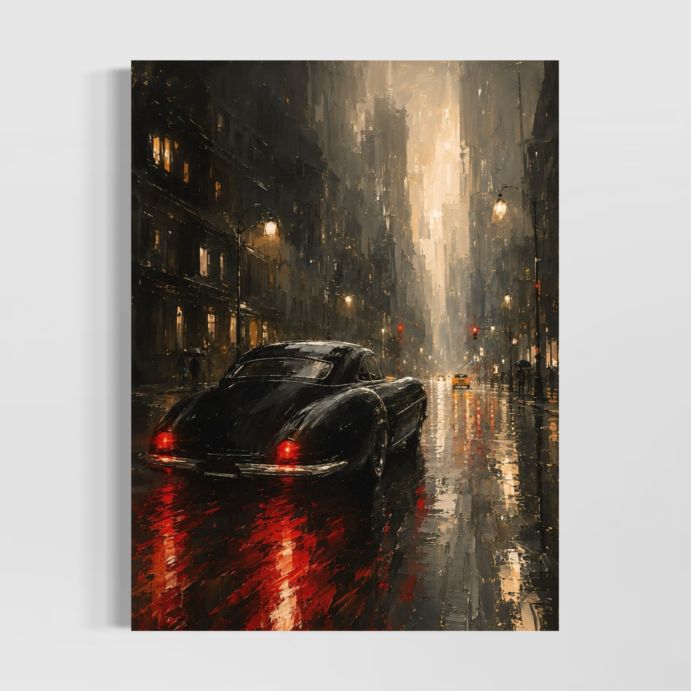 Minuit Manhattan – tableau New York avec voiture noire sous la pluie Tableau Minuit Manhattan représentant une voiture noire dans une rue de New York sous la pluie avec reflets rouges