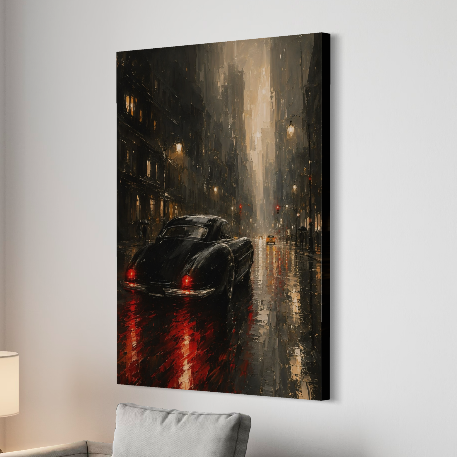 Minuit Manhattan – tableau New York avec voiture noire sous la pluie Vue latérale du tableau Minuit Manhattan sur toile représentant une voiture noire à New York