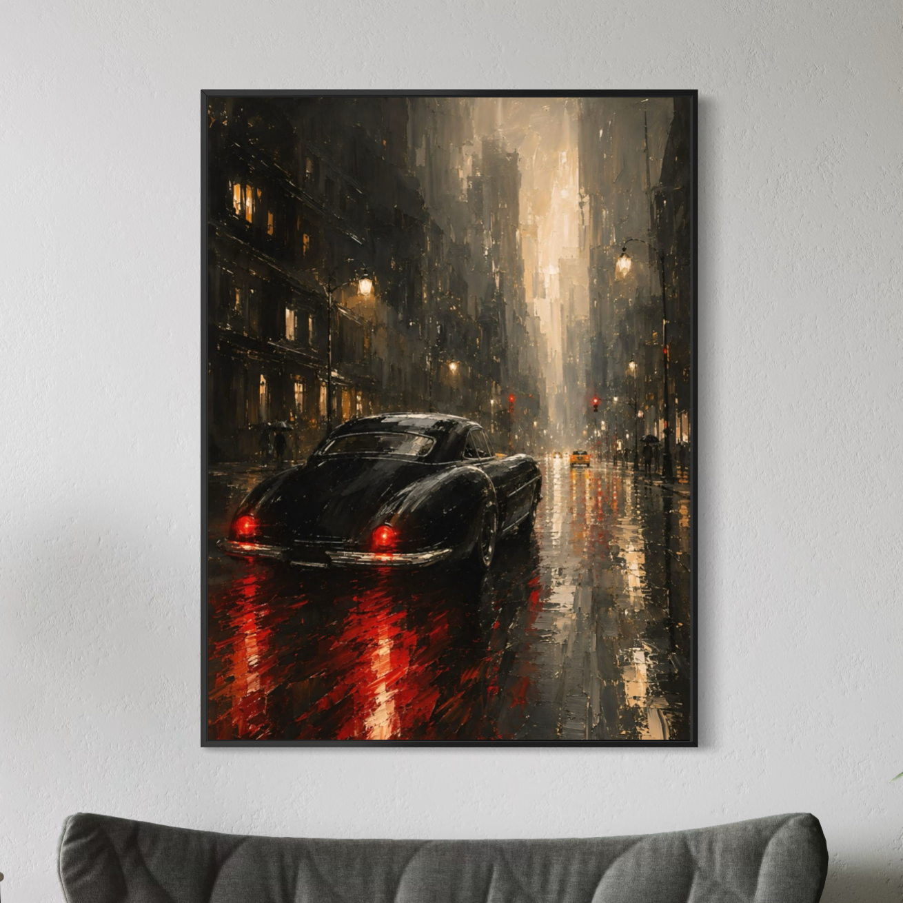 Minuit Manhattan – tableau New York avec voiture noire sous la pluie Tableau urbain Minuit Manhattan avec cadre noir représentant une voiture dans Manhattan sous la pluie