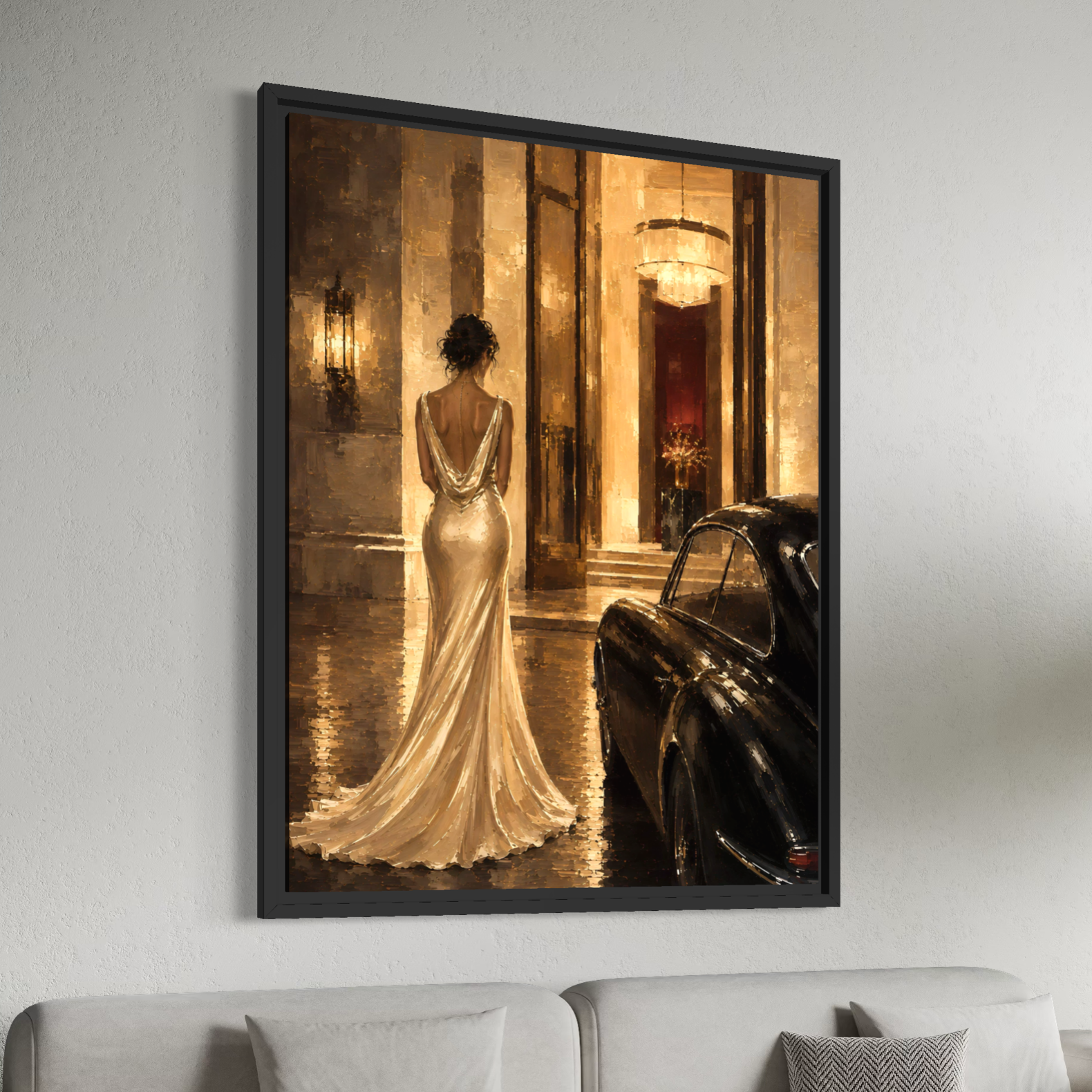 Vue trois-quarts du tableau Nuit de Gala encadré en noir dans un intérieur contemporain