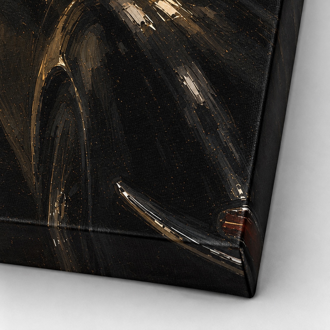 Détail du tableau Nuit de Gala montrant la texture noire et les touches dorées de la toile