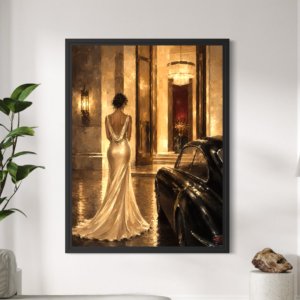 Tableau Cocktail Riviera Tableau Nuit de Gala encadré en noir représentant une femme en robe de soirée dans un décor doré