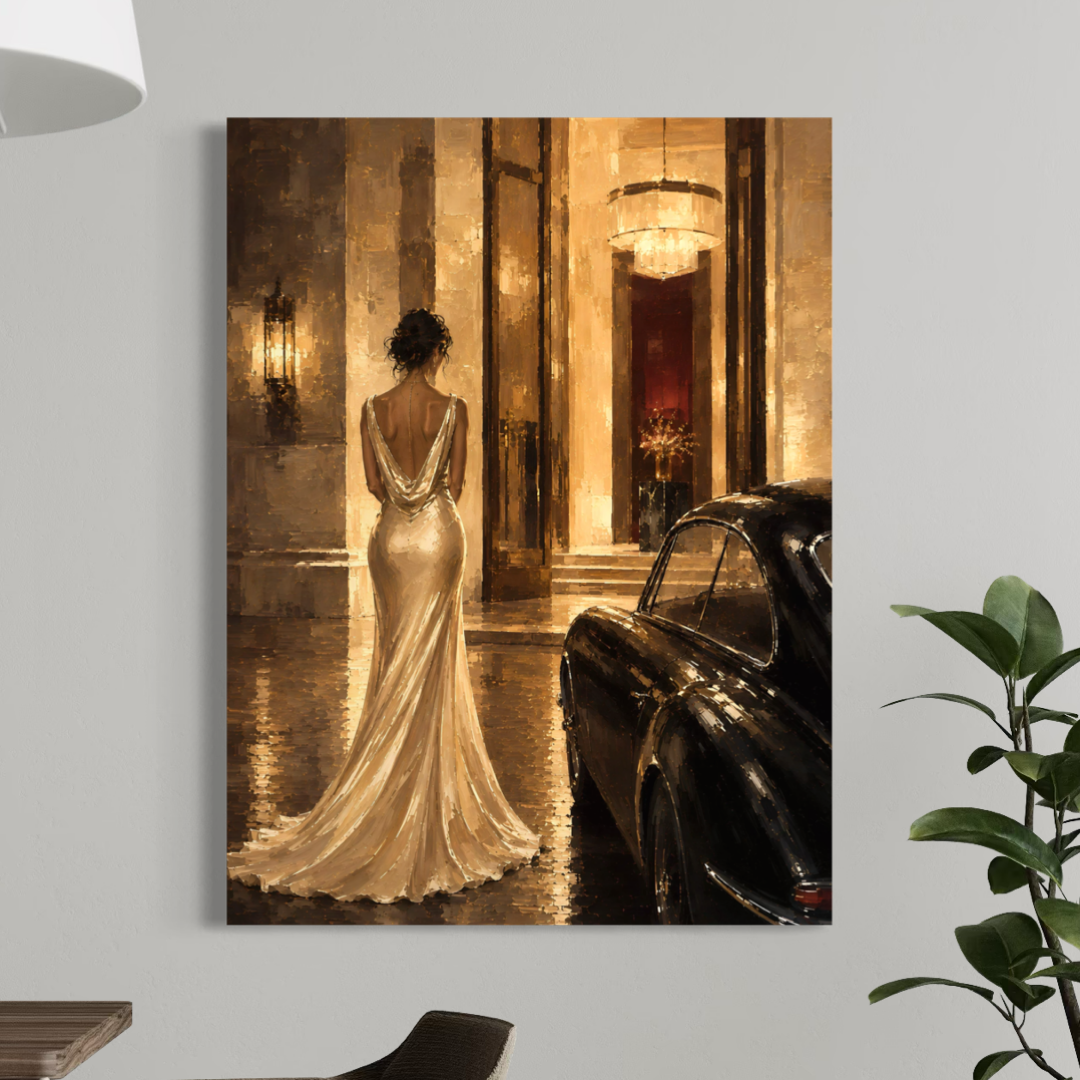 Tableau Nuit de Gala sans cadre représentant une femme en robe longue devant une voiture noire