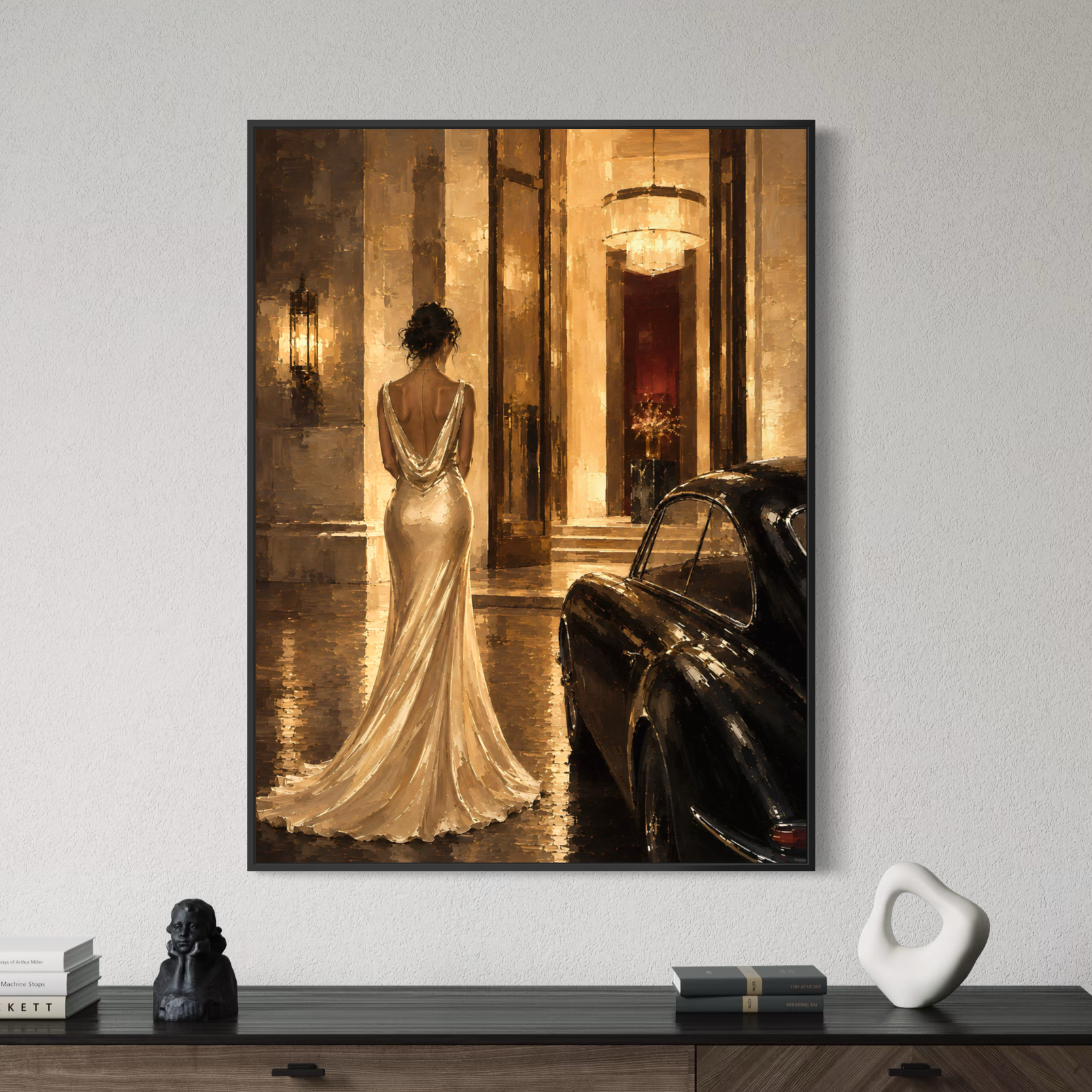 Tableau Nuit de Gala représentant une femme en robe de soirée devant une voiture noire dans un décor lumineux