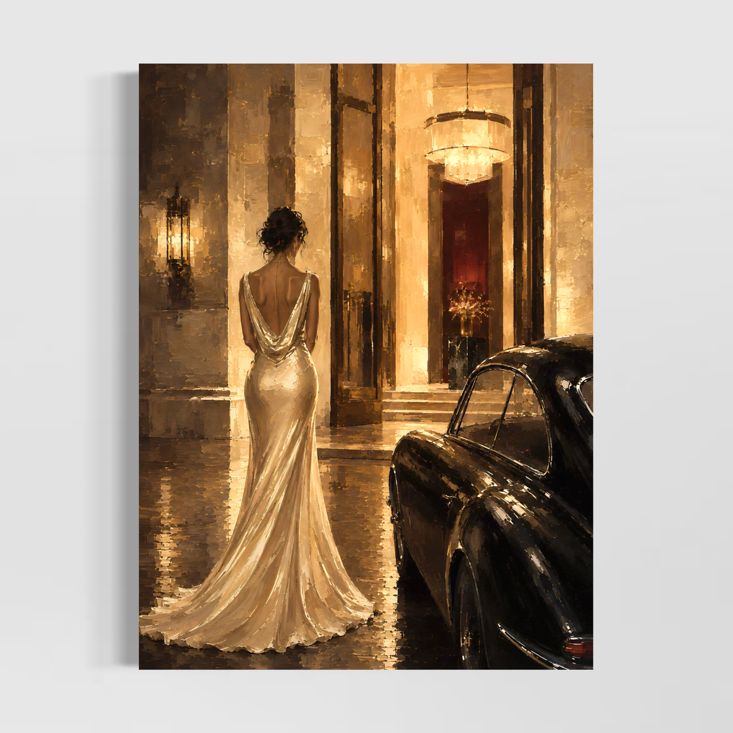 Tableau Nuit de Gala représentant une femme en robe de soirée claire devant une voiture noire dans un décor doré