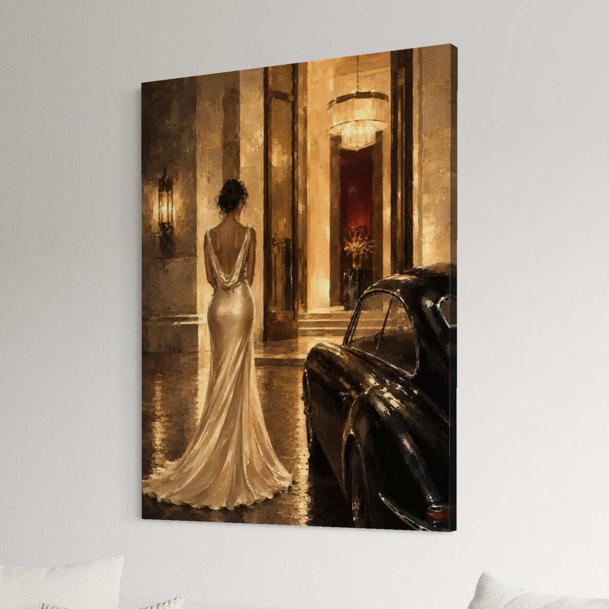 Vue latérale du tableau Nuit de Gala sur toile avec femme élégante et voiture noire