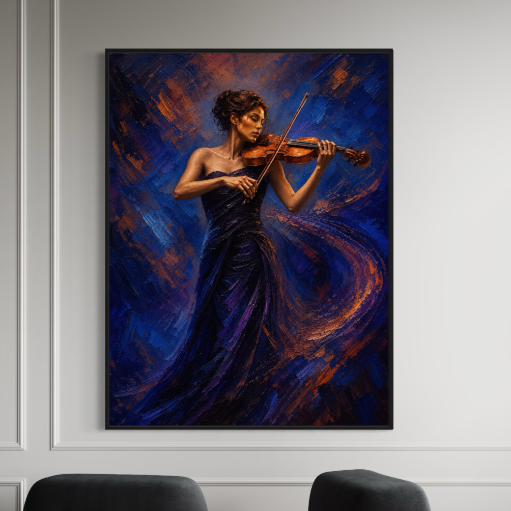 Nuit Virtuose – Tableau contemporain d’une violoniste Tableau de violoniste Nuit Virtuose avec cadre noir exposé dans un intérieur raffiné aux murs clairs