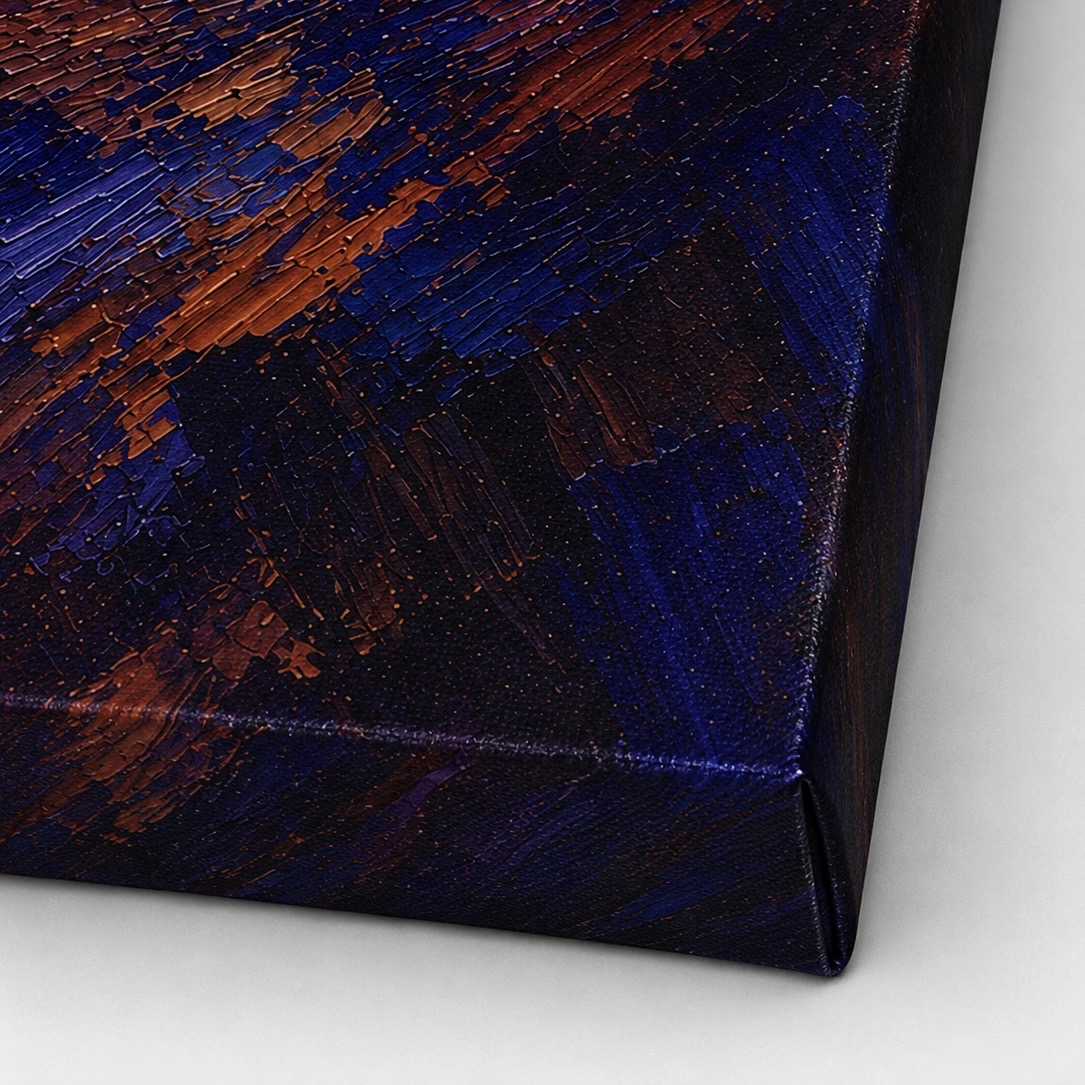 Nuit Virtuose – Tableau contemporain d’une violoniste Détail de la texture du tableau Nuit Virtuose avec effets de matière bleu profond, violet et cuivre sur la toile