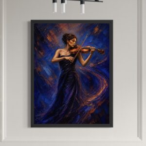 Tableau Nuit Virtuose représentant une violoniste avec cadre noir dans un intérieur contemporain