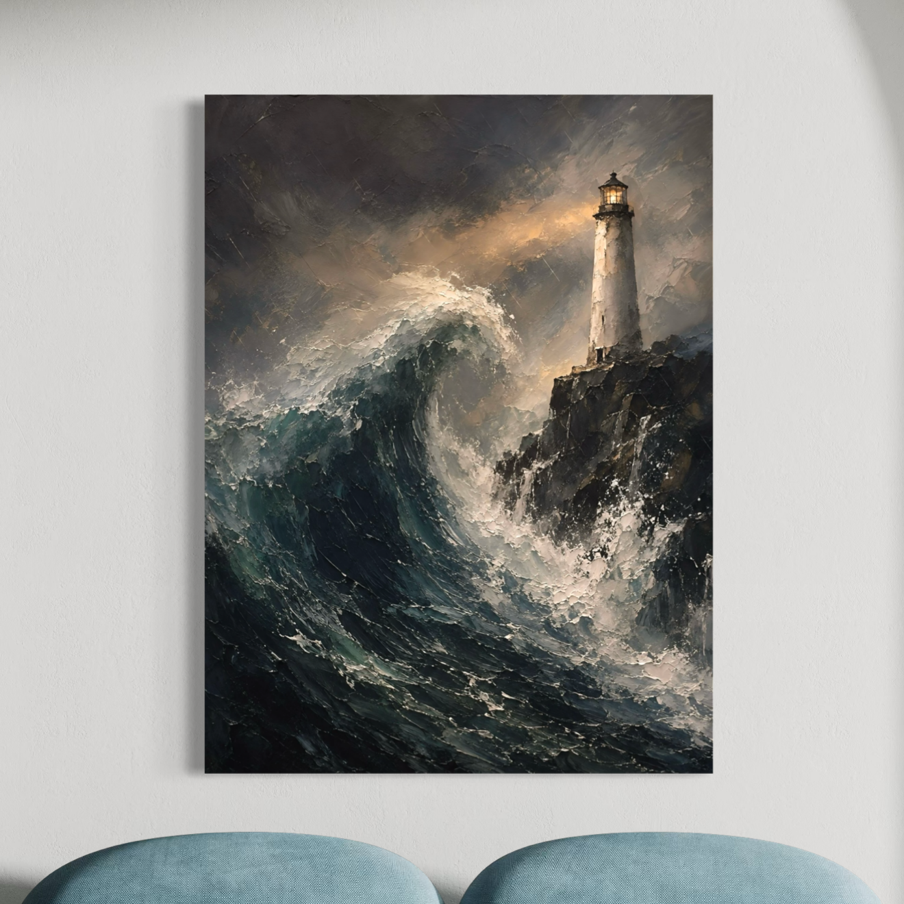 Océan Noir – Tableau phare et mer Tableau Océan Noir installé sur un mur clair dans un intérieur contemporain, représentant une grande vague et un phare au-dessus des falaises.