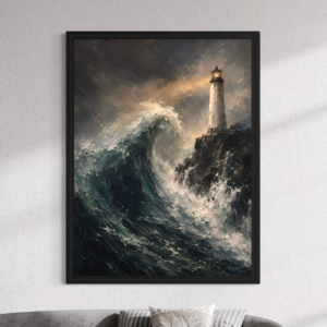 Tableau Cocktail Riviera Tableau Océan Noir encadré en noir représentant une vague déchaînée face à un phare dans un paysage marin dramatique.