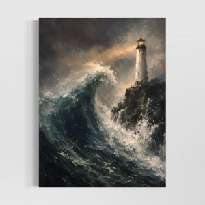Tableau Cocktail Riviera Tableau Océan Noir représentant une immense vague sombre se dressant face à un phare éclairé sur des falaises rocheuses sous un ciel de tempête.