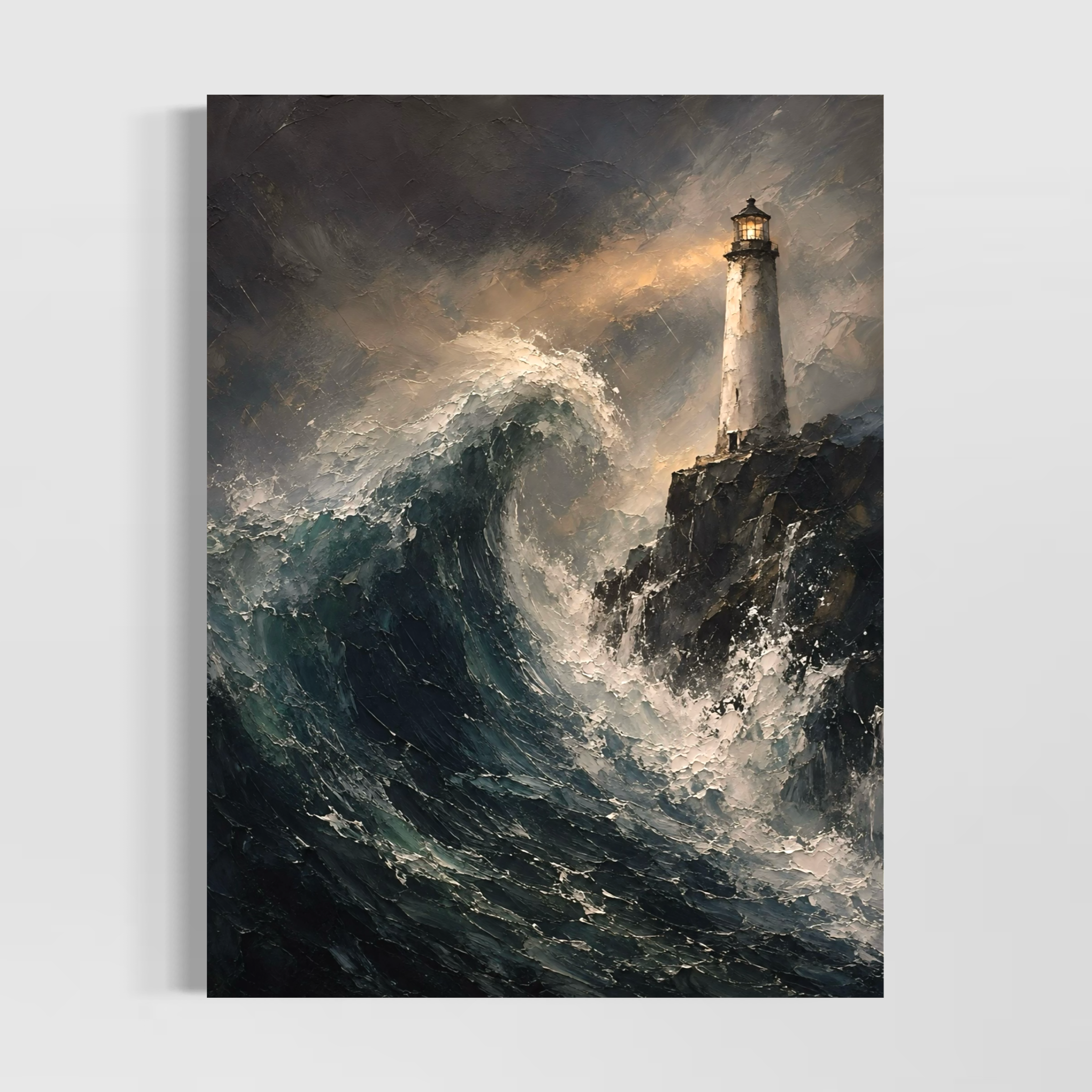 Océan Noir – Tableau phare et mer Tableau Océan Noir représentant une immense vague sombre se dressant face à un phare éclairé sur des falaises rocheuses sous un ciel de tempête.