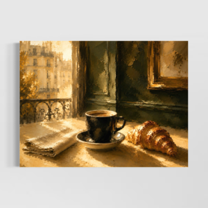 Tableau Cocktail Riviera Tableau Paris Matin représentant une tasse de café noire, un croissant doré et un journal sur une table éclairée face aux immeubles de Paris.