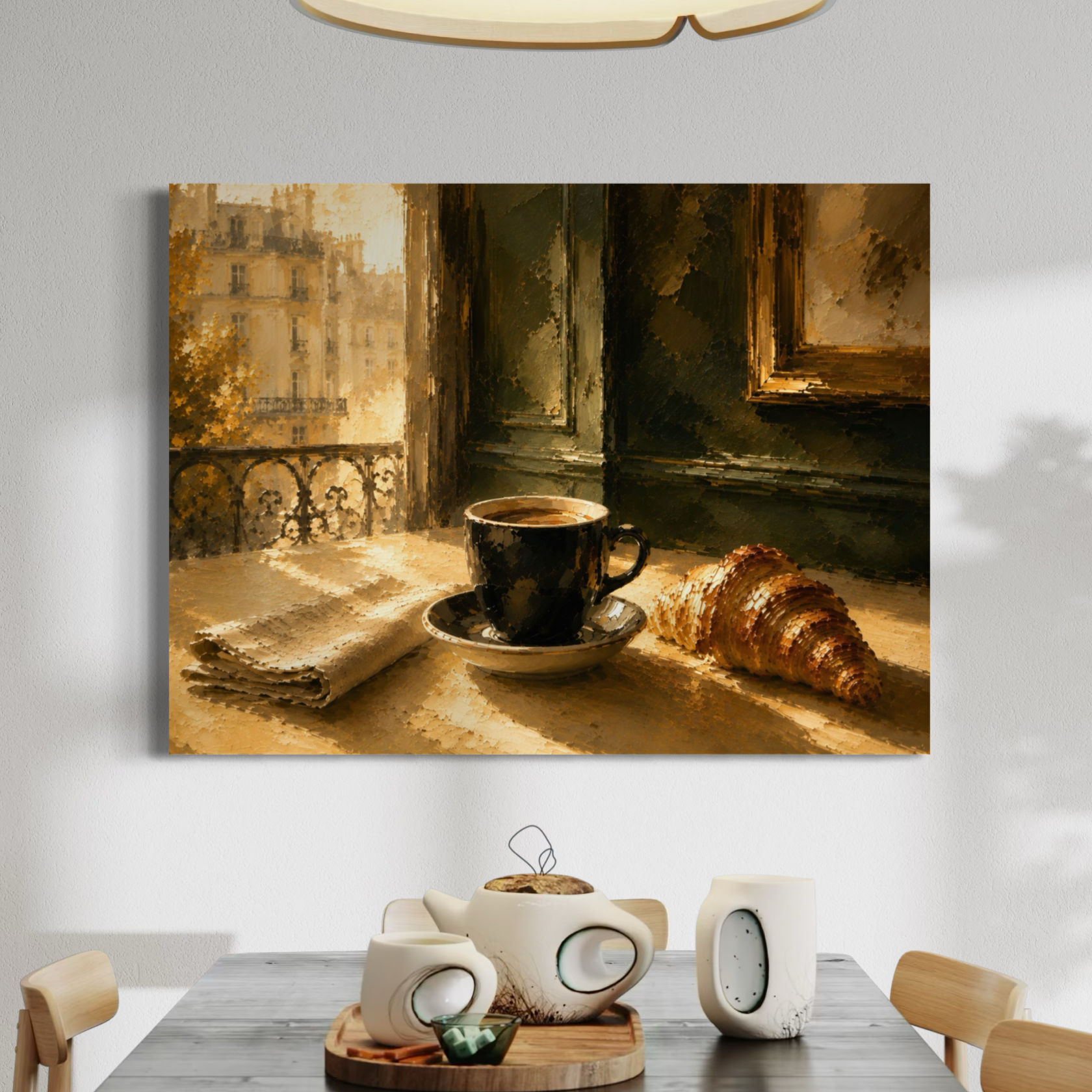 Paris Matin – Tableau café et croissant à Paris Tableau Paris Matin sur toile dans une salle à manger claire, représentant une tasse de café, un croissant et un journal devant un balcon parisien.