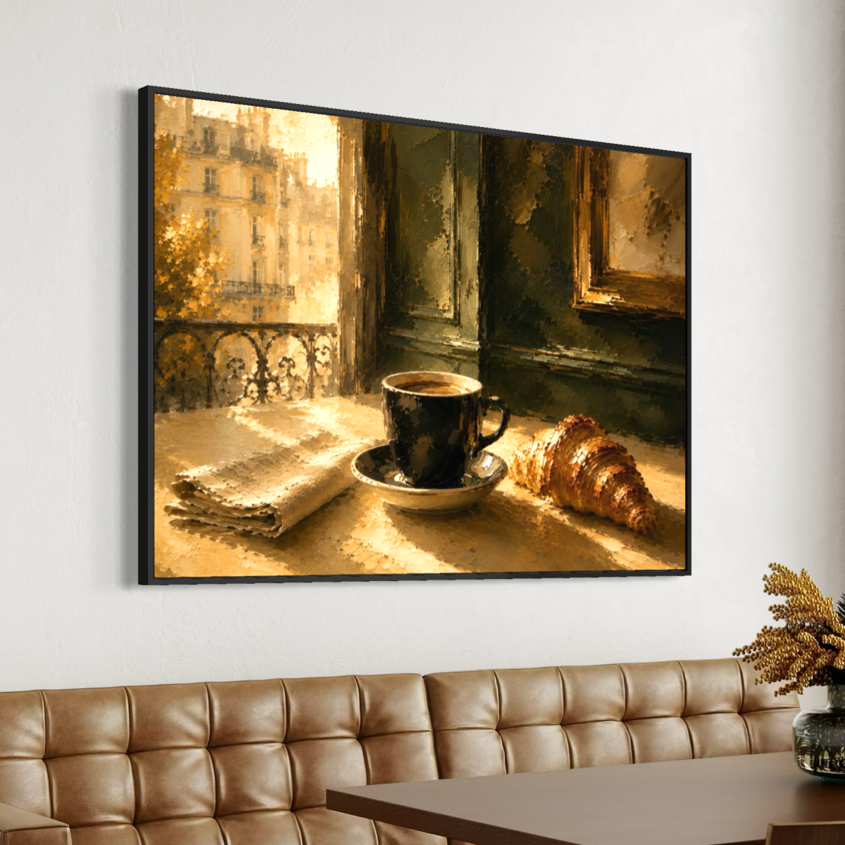 Paris Matin – Tableau café et croissant à Paris Tableau Paris Matin encadré en noir au-dessus d’une table en marbre, représentant un café et un croissant dans une atmosphère parisienne dorée.