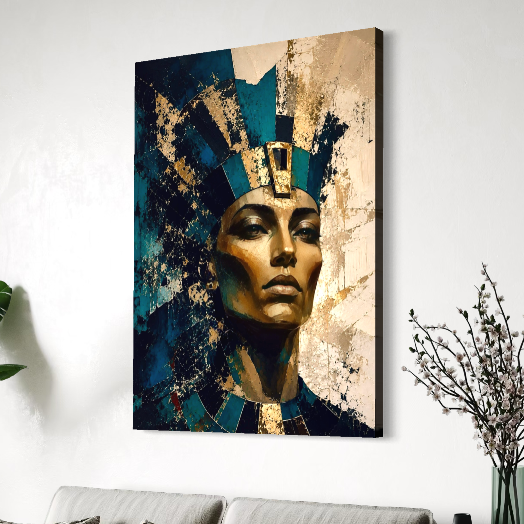 Reine Solaire – Tableau femme égyptienne Vue en perspective du tableau Reine Solaire sur toile représentant une femme inspirée d’une reine égyptienne dans des nuances de bleu et d’or.