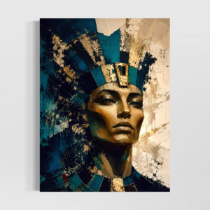 Tableau Reine Solaire représentant le portrait majestueux d’une femme inspirée d’une reine égyptienne, avec coiffe bleu turquoise, ivoire et dorée.