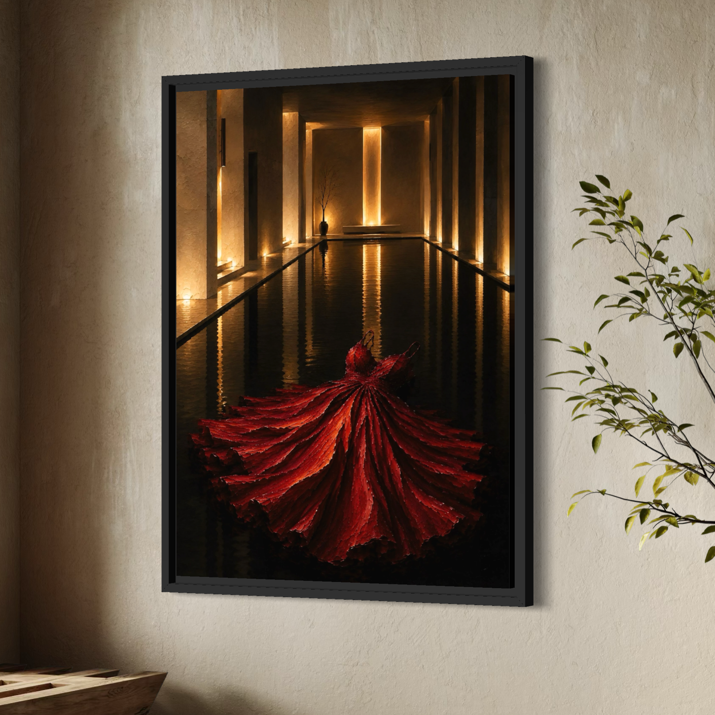Rouge Impérial – Tableau contemporain robe rouge et lumière dorée Tableau Rouge Impérial encadré en noir dans un intérieur chaleureux avec mur texturé et plante décorative.
