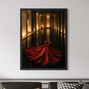 Tableau Rouge Impérial avec cadre noir, robe rouge majestueuse et reflets dorés dans une architecture sombre.