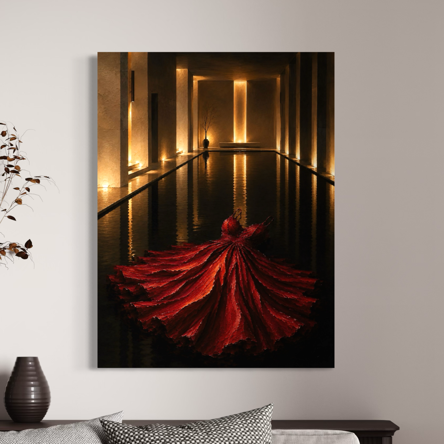 Rouge Impérial – Tableau contemporain robe rouge et lumière dorée Tableau Rouge Impérial présenté sur un mur clair dans un intérieur contemporain avec canapé et accessoires décoratifs noirs.