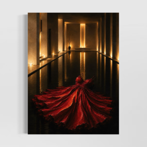 Tableau Rouge Impérial représentant une somptueuse robe rouge déployée sur une eau sombre dans un intérieur architectural éclairé de lumières dorées.