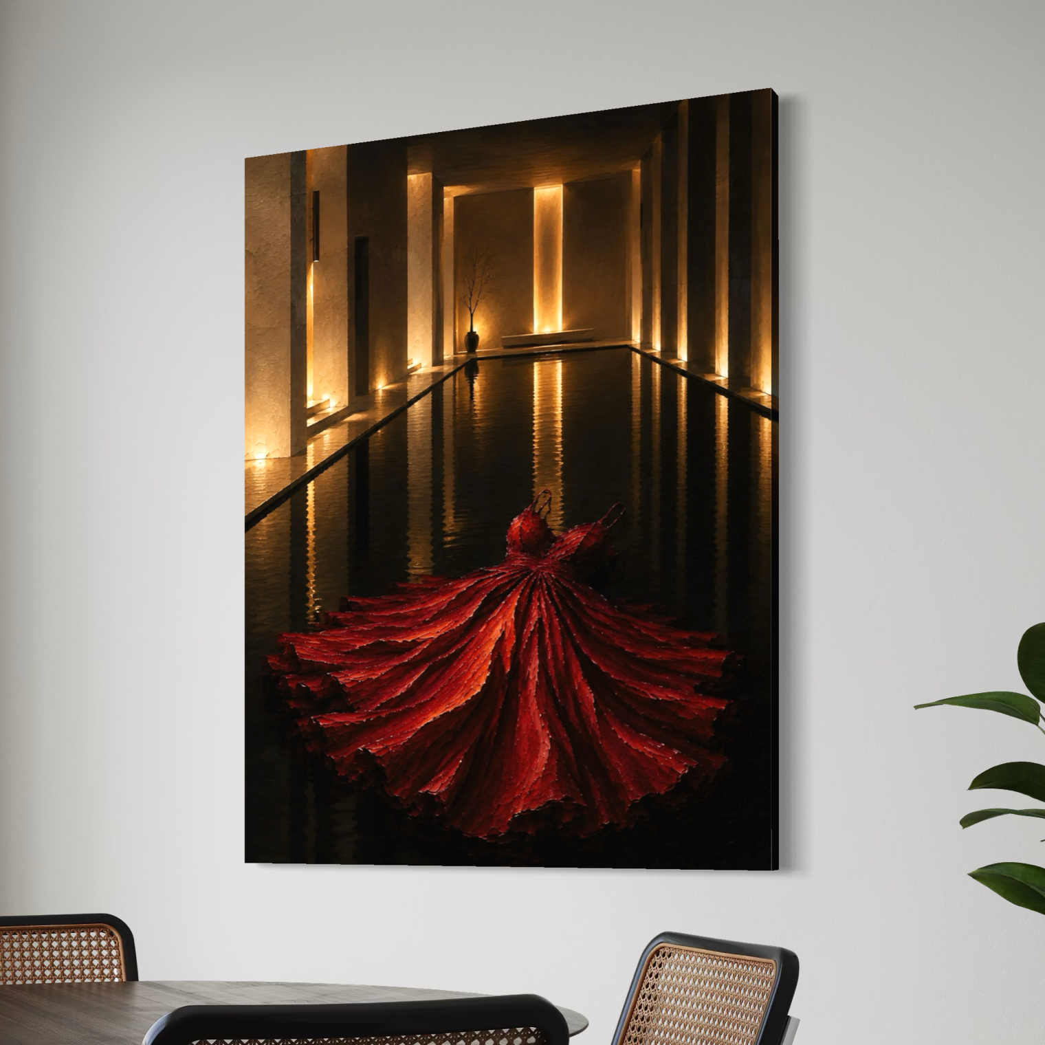 Rouge Impérial – Tableau contemporain robe rouge et lumière dorée Vue en perspective du tableau Rouge Impérial sur toile, présentant la robe rouge et les reflets dorés dans un intérieur contemporain.