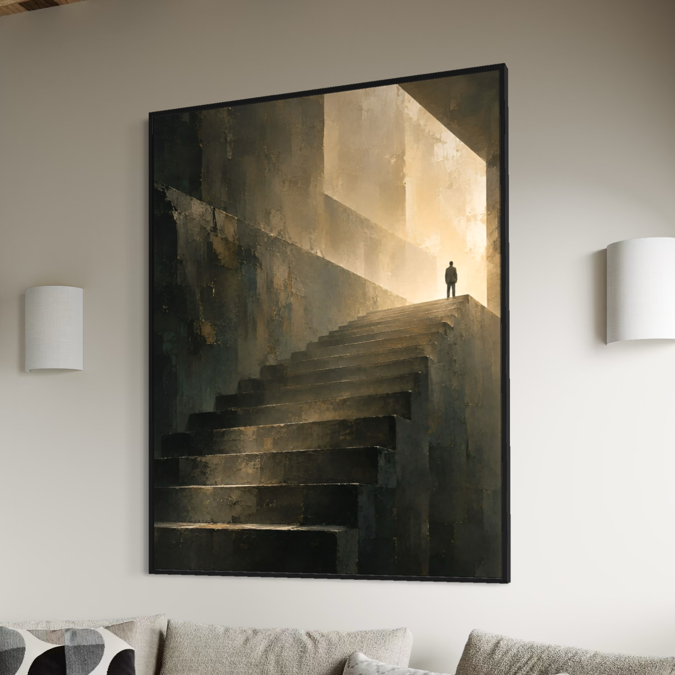 Sans Retour – Tableau escalier vers la lumière Tableau Sans Retour encadré dans un intérieur contemporain, représentant une silhouette solitaire au sommet d’un escalier sombre baigné de lumière.