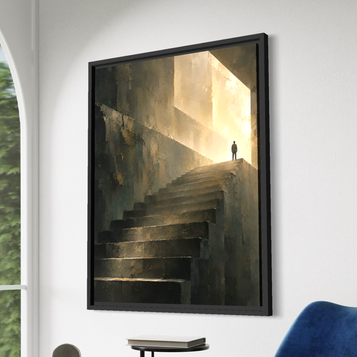 Sans Retour – Tableau escalier vers la lumière Vue en perspective du tableau Sans Retour avec cadre noir, montrant un escalier architectural sombre menant vers une silhouette éclairée.