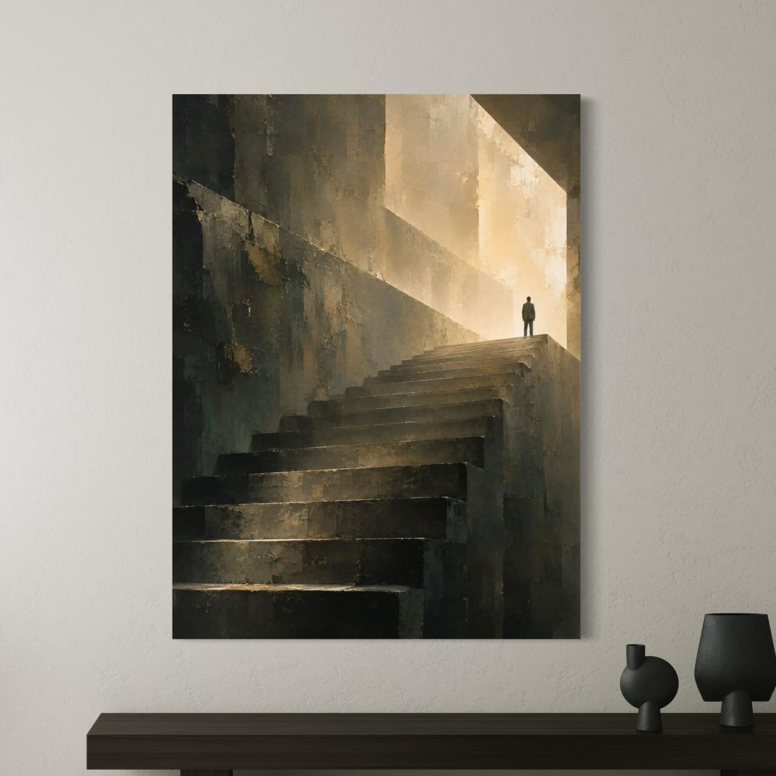 Sans Retour – Tableau escalier vers la lumière Tableau Sans Retour sur toile installé dans un intérieur minimaliste, représentant un escalier sombre et une silhouette avançant vers la lumière.