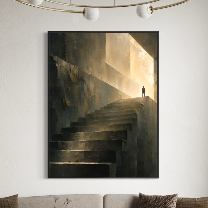 Sans Retour – Tableau escalier vers la lumière Tableau Sans Retour encadré en noir au-dessus d’un canapé clair dans un salon contemporain, avec escalier monumental et lumière dorée.